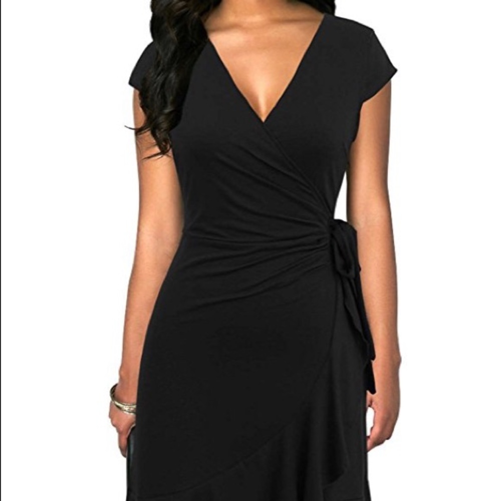 Classic V-Neck Knee-Length Ruffle Black Wrap Dress